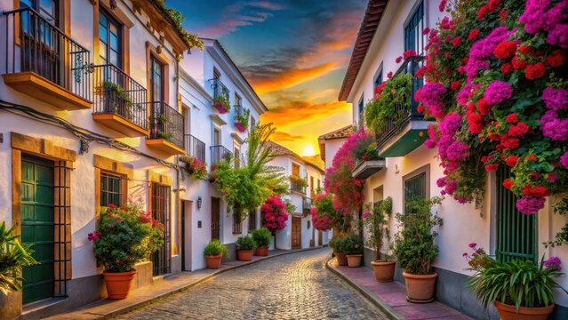 Fototapeta Street in Andalusia at sunset with colorful buildings and vibrant flowers, spanish streets, andalusian architecture