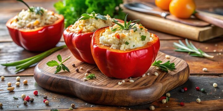 A juicy rocoto pepper stuffed with a flavorful mixture of cheese, breadcrumbs and spices, nestled on a wooden cutting board surrounded by Andean herbs, vegetable dish, peppers