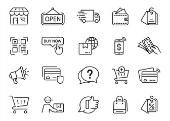 set of commerce thin line icon. contain shopping, payment, customer engagement, and streamlined visual for online shopping icon your app and web. vector illustration