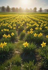 Fototapeta premium Sunlit daffodil field, vibrant yellow blooms, lush green grass, petal, outdoor, sunshine