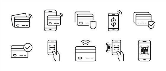 set of credit card and digital payment thin line icon. contain digital wallets, QR code transaction, and contactless payment icon for your app and web. vector illustration