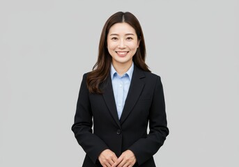 Portrait of a smiling asian woman in a black suit and blue shirt against a plain light gray background