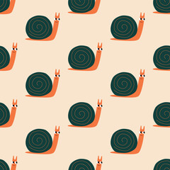 Funny snails with cute eyes hand drawn vector illustration. Adorable slugs seamless pattern for kids fabric or wallpaper.