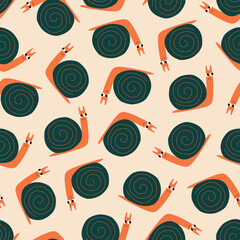 Cute snails with funny eyes hand drawn vector illustration. Adorable animals seamless pattern for kids fabric or wallpaper.