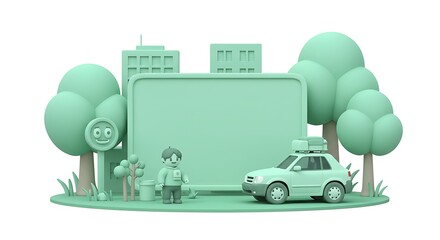 Fototapeta premium 3d cute cartoon illustration, blend of urban & nature, hand drawn digital art in mint green tones, subject at top, ample copy space below. ,isolated on bright background, no text