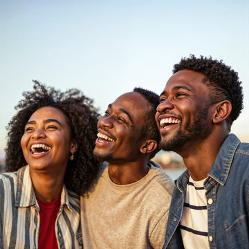 Celebrating joy and connection under the sunset with droup of black race friends sharing laughter and meaningful moments outdoors