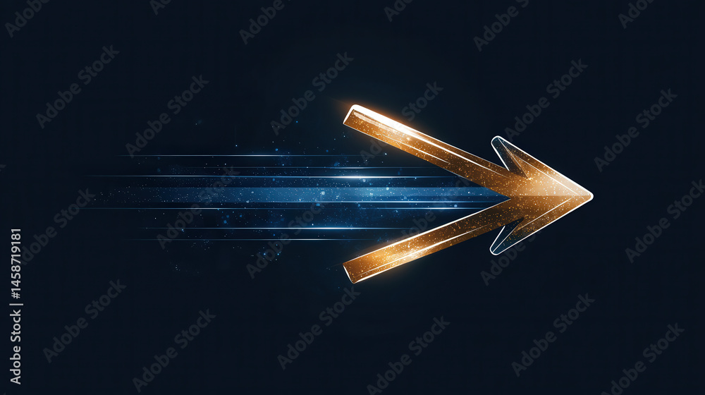 Poster Glowing golden arrow points right against dark background, with dynamic light trails suggesting speed and direction. sleek design and vibrant colors create futuristic and energetic feel
