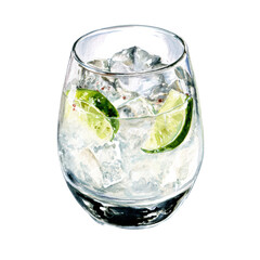 Gin and Tonic cocktail with lime wedge and tonic bubbles. Watercolor illustration on transparent background.