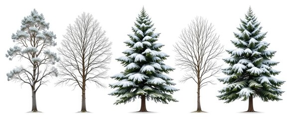 A row of winter trees with snow on the branches and some trees without leaves against white background
