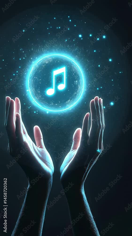 Poster light particles and luminous aura surround a bright musical note symbol floating above open hands ag