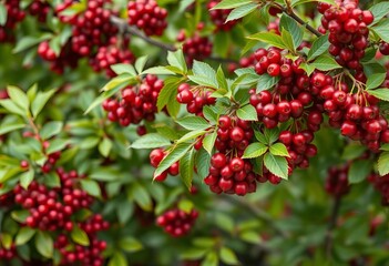 Obraz premium Red chokeberry tree laden with ripe berries, lush green leaves, vitamin, fall