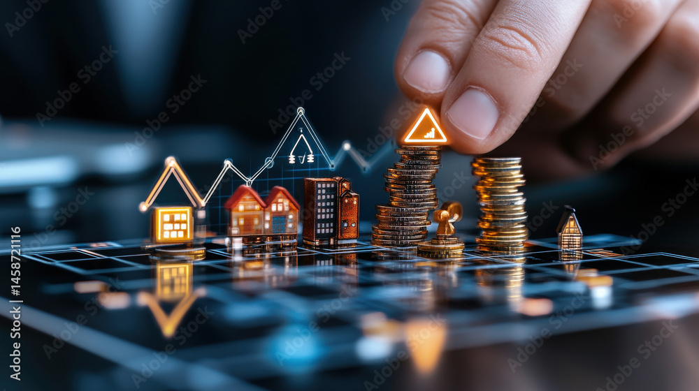Aufkleber hand stacks coins on digital interface displaying miniature buildings and financial graphs, symboliz