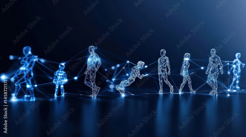 Fototapete Digital representation of human evolution is depicted through series of interconnected wireframe figures, symbolizing integration of technology and human development