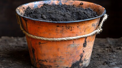 Old orange bucket filled with dark soil, tied with twine, sits on ground