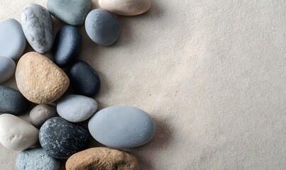 Flat lay of smooth pebbles on sand, meditative composition, Generative AI