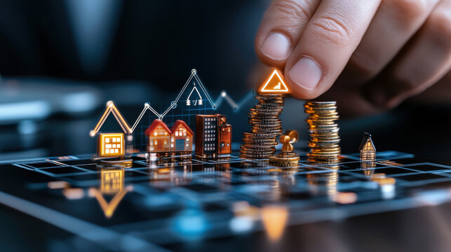 Hand stacks coins on digital interface displaying miniature buildings and financial graphs, symbolizing investment and economic growth. scene conveys innovation and strategic planning - Powered by Adobe