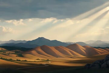 Serene Mountain Landscape with Winding Road Sun Rays Golden Hills