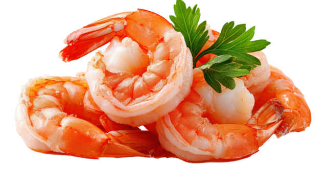 Peeled and deveined shrimp ready to cook, garnished with fresh parsley, isolated on transparency background. Perfect for seafood dishes and culinary presentations