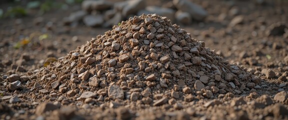 A close up view of a pile of small rocks and pebbles on the ground in an outdoor environment