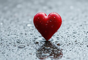 Fototapeta premium Refreshing rain, red heart on grey, copy space, feeling, poster