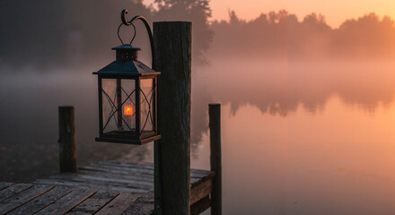 Obraz premium Lantern glowing at sunrise over misty lake pier 