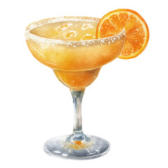 Sidecar cocktail with cognac, orange liqueur and lemon. Watercolor illustration on transparent background.