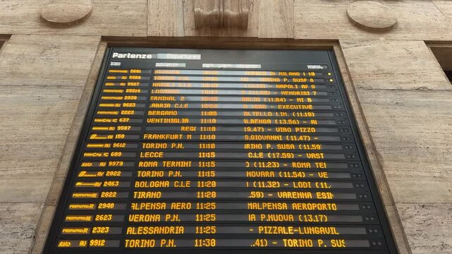 Milano, Italy - 05 05 2025: Departure board at Milano Centrale railway station showing real-time train schedules &mdash; a glimpse into Italy&rsquo;s busy rail network and urban mobility hub