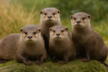 Adorable otters group portrait