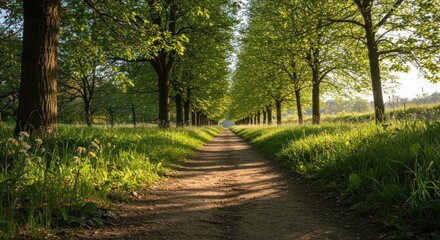 Obraz premium Dirt path through a vibrant green forest with sunlight filtering through the trees.
