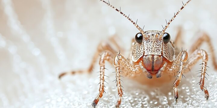 Detailed close-up of a tan grasshopper on a bubbly surface, showing intricate details of its features