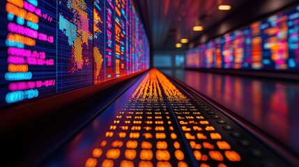 Hallway with glowing displays showing maps and data charts