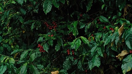 Lush green coffee plant laden with ripe red berries.