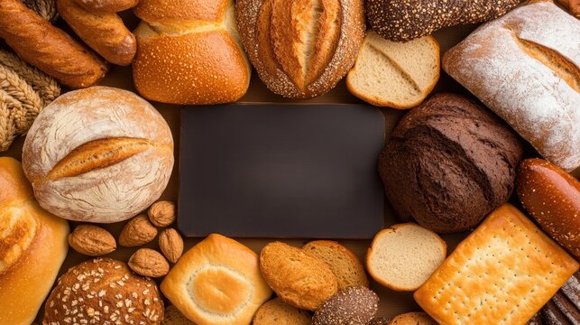 Variety of breads and pastries top view food photography