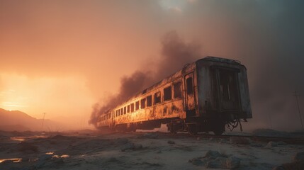 Abandoned train engulfed in flames under a dramatic orange sunset in a desolate desert landscape