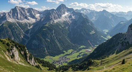 Fototapeta premium Mountain range with green valley below and blue sky with some clouds.