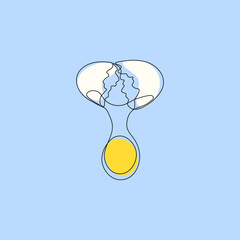 breaking a chicken egg with the yolk and white falling down drawn with one continuous line on a blue background