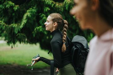 Women engage in outdoor fitness, displaying enthusiasm and readiness for a climbing adventure,...