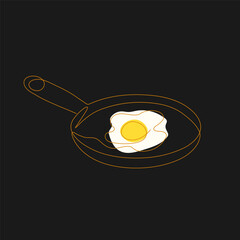 Single one line drawing of frying pan with fried egg on black background. Food cooking concept. White outline