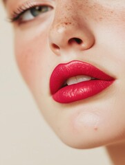 Naklejka premium Close-up of a woman's face. she has fair skin and freckles on her face. her eyes are closed and her nose is slightly upturned. her lips are painted with a bright red lipstick.