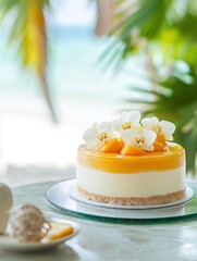The image is of a round cake on a glass cake stand. the cake is white with a yellow base and is decorated with three white orchid flowers on top.