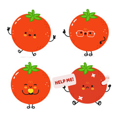 Four cheerful Tomato characters with various expressions, perfect for playful designs and concepts.