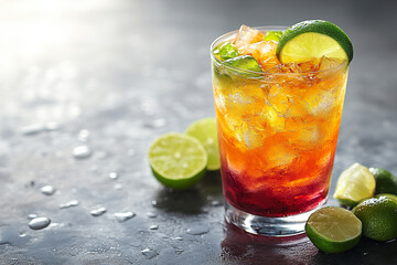 **Artistic Shot Of A Colorful Cocktail In A Tall Glass, Vibrant Green, Orange, And Pink Hues, Garnished With A Twist Of Lime, Clean White Backdrop For Promotional Use --Ar 3:2 --S 640 --V 6.1 --Raw** 