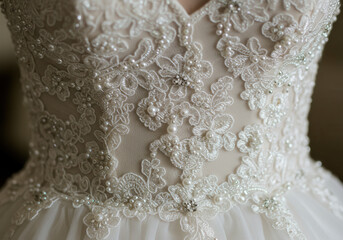 Fototapeta premium Close-up of an exquisite wedding dress showcasing lace and pearl embellishments.