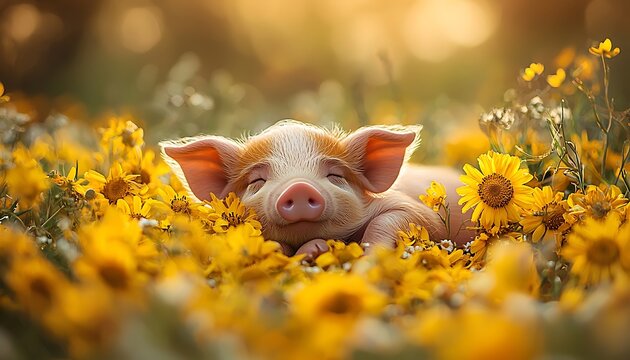 Adorable piglet naps amidst vibrant yellow flowers, bathed in sunlight