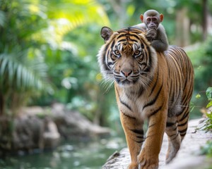 Wild Sumatran tiger gracefully walks beside a serene river while a tiny langur monkey enjoys the ride nestled on its back in a vibrant jungle setting