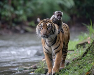 Obraz premium Wild Sumatran tiger strolls beside a serene river with a playful langur monkey perched on its back in a lush jungle setting
