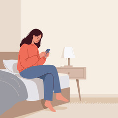 Woman Using Smartphone Sitting on Bed Illustration