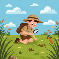 Boy Explorer with Magnifying Glass Tracking Footprints Illustration
