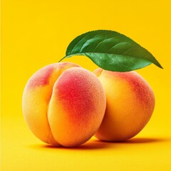 Two Fresh, Ripe Peaches with a Leaf, Isolated on Vibrant Yellow Background, Summer Fruit Concept