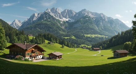 Mountain landscape with wooden houses green meadow trees and a blue sky.